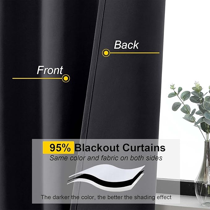 Black Blackout Curtains for Bedroom Living Room 96 Inches Long 2 Panels, Soft Solid Room Darkening Thermal Insulated Window Treatments, Modern Rod Pocket Curtain, Black, Each 40" Wx96 L