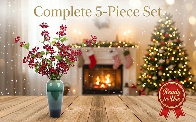 5 Pcs Artificial Holly Berries 30.7" - Christmas Tree Decorations, Realistic Red Berry Stems for Wreaths & Holiday Centerpiece