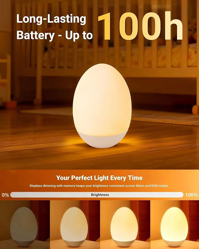 Egg Baby Night Light for Nursery & Breastfeeding – Portable Touch Light with 7 RGB Colors, Stepless Dimming, Rechargeable, BPA-Free Soft Silicone, Compact Lamp for Kids & Newborns