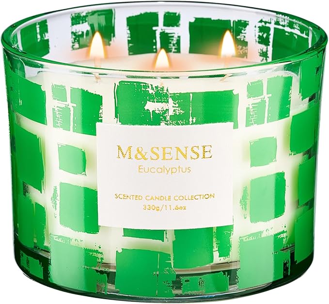 M&SENSE Eucalyptus Scented Candle, Soy Wax 11.6oz 60 Hours Long Lasting Burn, 3 Wick Organic Highly Scented Holiday Candle for Home, Party Ambiance, Fall/Winter Relaxing Gifts for Women