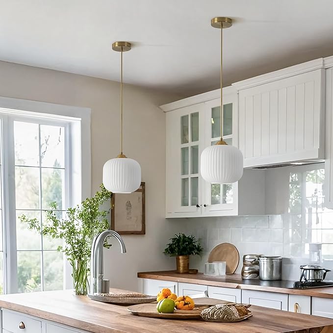 Gold Milk Glass Pendant Light Antique Brass Hanging Light Small White Pendant Lights Kitchen Island Vintage Ribbed Glass Ceiling Light Mid Century Modern Dining Room Pendant Lighting