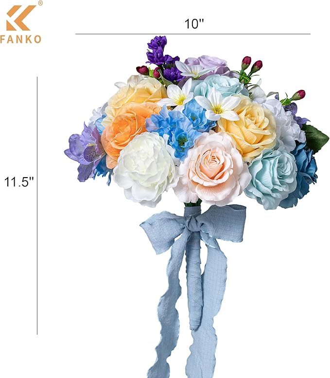 FANKO Artificial Flowers Fake Silk Rose, Mixed Combo Orange Rose Flowers Dark & Light Blue Cream Roses Delicate Blooms Set for Wedding Bridal Bouquets/Centerpieces/Home Decorations