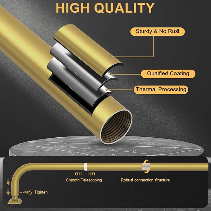 Gold Curtain Rods 2 Pack, Heavy Duty Wrap Around Curtain Rod for Windows 48 to 84 Inch, Adjustable Decorative Blackout Drapery Pole, Modern Room Darkening Rod for Blackout Curtains, Brass