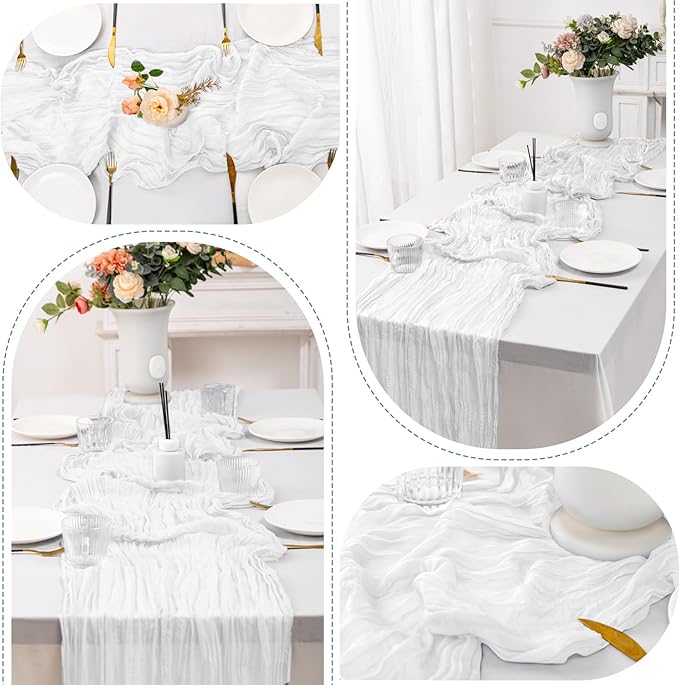 10 Pack White Cheesecloth Table Runner,10FT/120 Inch Boho Gauze Fabric Table Runner,Rustic Sheer White Cheese Cloth Runner Bulk for Wedding,Bridal Baby Shower,Christmas Party,Holiday Home Table Decor