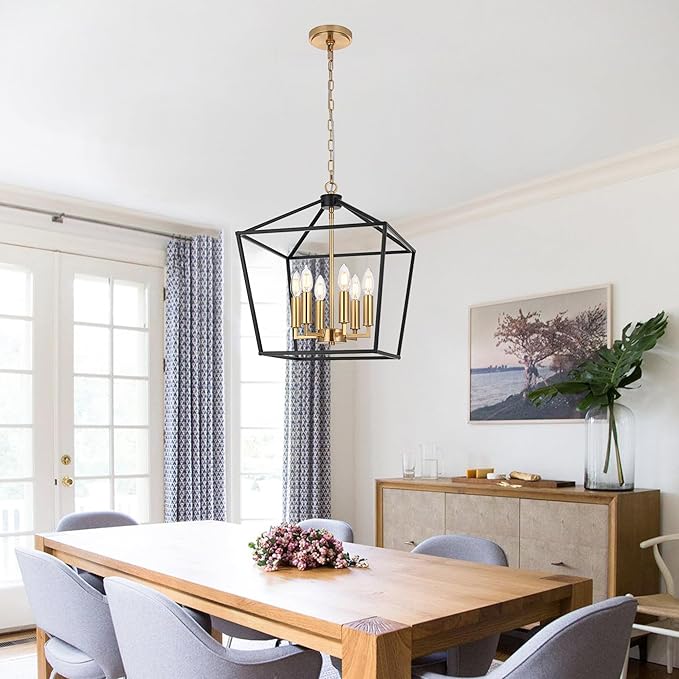 MELUCEE Black Lantern Pendant Light 6 Light Industrial Cage Chandelier with E12 Brass Candle-Shaped Base Rustic Geometric Hanging Light Fixture for Kitchen Island Foyer Dining Room