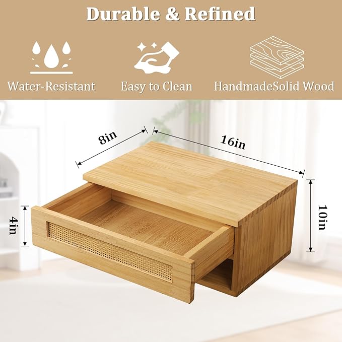 Floating Nightstand, Wall Mounted Rattan Bedside Bedroom with Drawer Nightstand, Small Floating Shelves, Floating Wood Bedside Table for Living Room Bathroom Natural 16”x 10”x 8”
