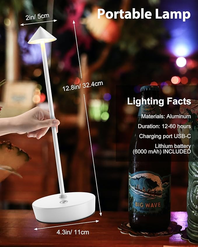 Cordless Table Lamps Rechargeable, 6000mAh Battery Operated LED Desk Lamp Outdoor Waterproof Portable Touch Dimmable Table Night Light for Patio Restaurant Dining Home Set of 2 White