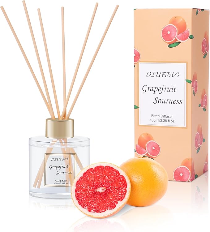 100ml Scent Diffuser with 6 Fiber Sticks, 3.5 oz Reed Diffuser Set Aromatherapy Fragrance Diffusers Air Fresheners for Home Bedroom Bathroom (Grapefruit)