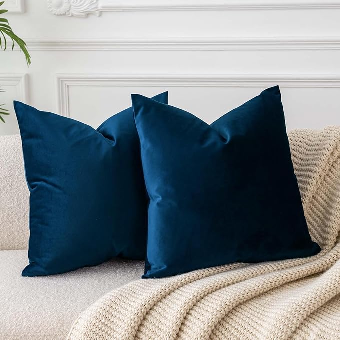 JUSPURBET Throw Pillow Covers Set of 2 Decorative Velvet Pillow Covers 24x24 for Couch Sofa Bed Soft Cushion Covers Cases with Invisible Zipper for Living Room Home Decor,Navy