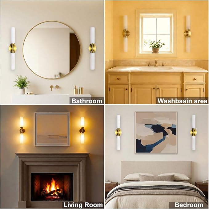 LaLuLa Gold Bathroom Vanity Light Fixtures – 2-Light Hardwired Wall Sconces with Frosted Glass Shades and Textured Metal Frame, Modern Vanity Lighting for Mirror, Bedroom, or Hallway, 25”