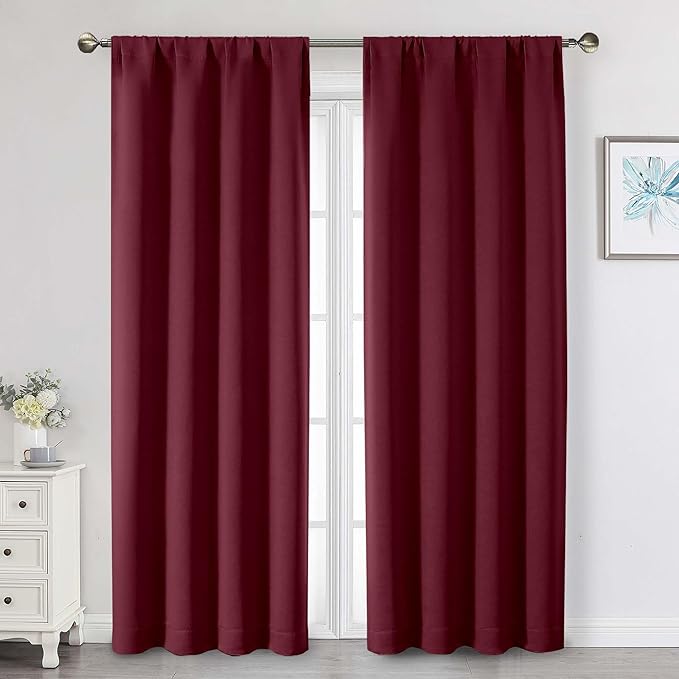 Burgundy Blackout Curtains 84 Inch Length 2 Panels Set, Soft Solid Thermal Insulated Room Darkening Curtains 84 Inches Long for Bedroom Living Room, Rod Pocket Drape, Each 40" Wx84 L