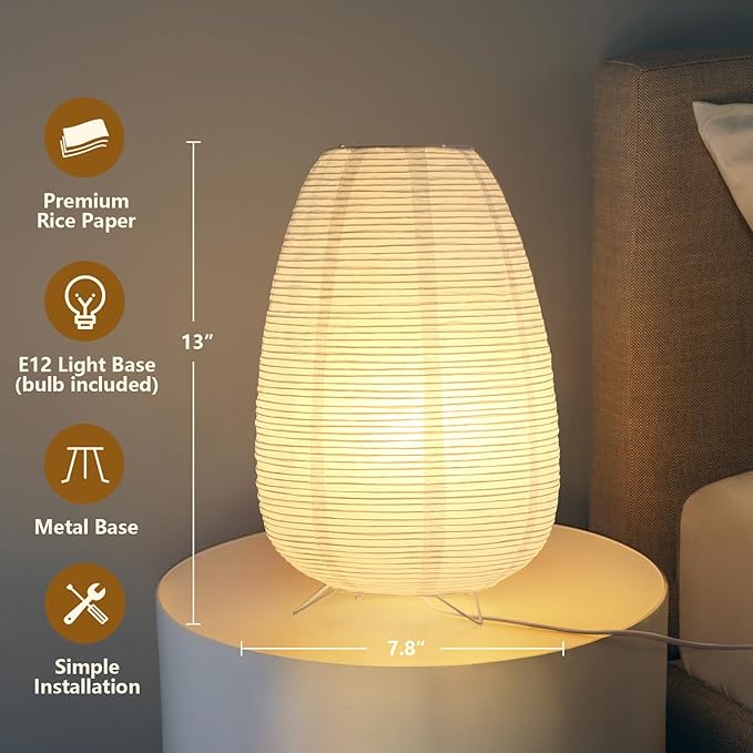 Rice Paper Lamp for Desk, Japanese Paper Table Lamp with 3 Color, Wabi-Sabi Style Bedside Lantern Lamps for Living Room/Bedroom/Bedside Night Light(Bulb Included)