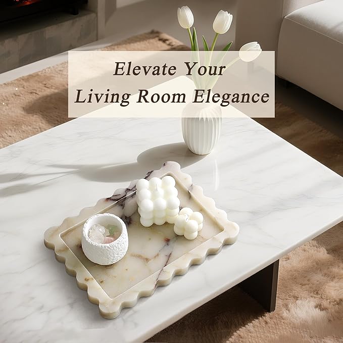 Real Natural Marble Tray, Luxury Scalloped Vanity Decorative Tray, Genuine Calacatta Gold Stone Tray for Bathroom Dresser, Home Decor, Kitchen Storage, Non-Resin/Ceramic, 10.6" x 8"
