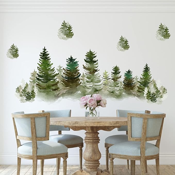 Watercolor Pine Tree Wall Decals Peel and Stick Large Tree Wall Sticker Trees Branches Wall Decal Forest Trees Wall Stickers for Living Room Bedroom Woodland Nursery Decor