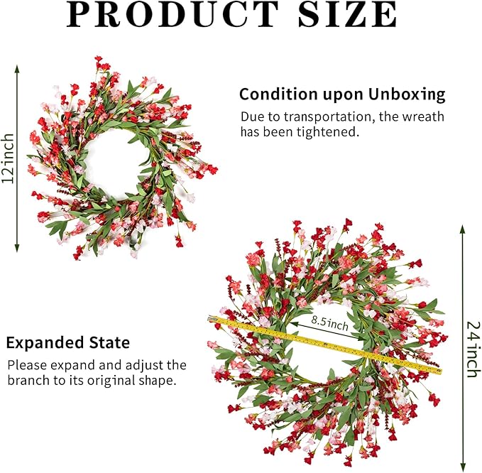 Artgar Front Door Wreath 24 Inch Spring/Summer Wreaths for Front Door, Front Door Wreaths for All Seasons for Indoor Outdoor Home Office Wall Window Wedding Farmhouse Decor (Red Pink)