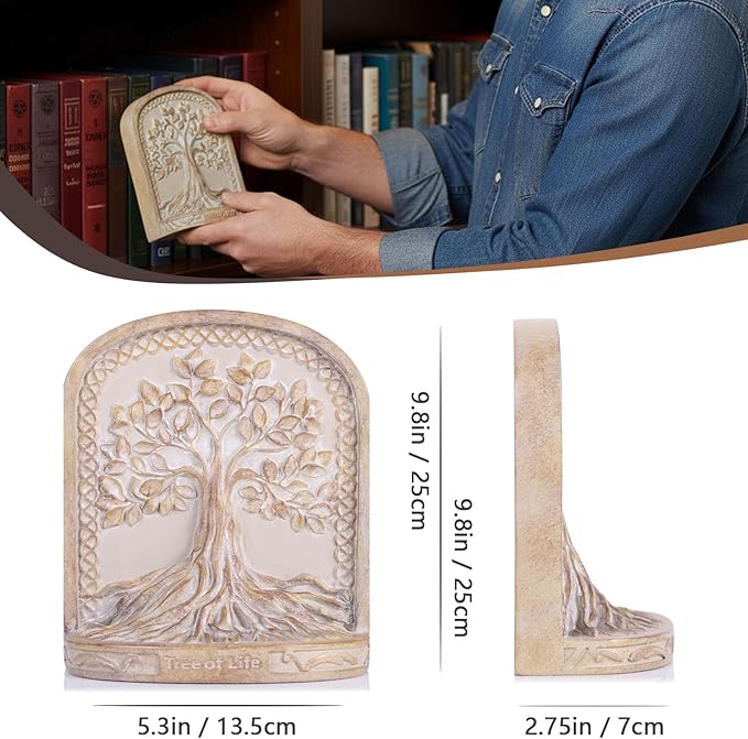 Tree of Life Bookends,Heavy Duty L-Shaped Resin Book Ends,2 Non-Skid Heavy Bookends for Shelves/Desktop/Bookshelf Decor,Celtic Mythology Sculpture,Vintage Accessories,Housewarming Gift (Faux Wooden)