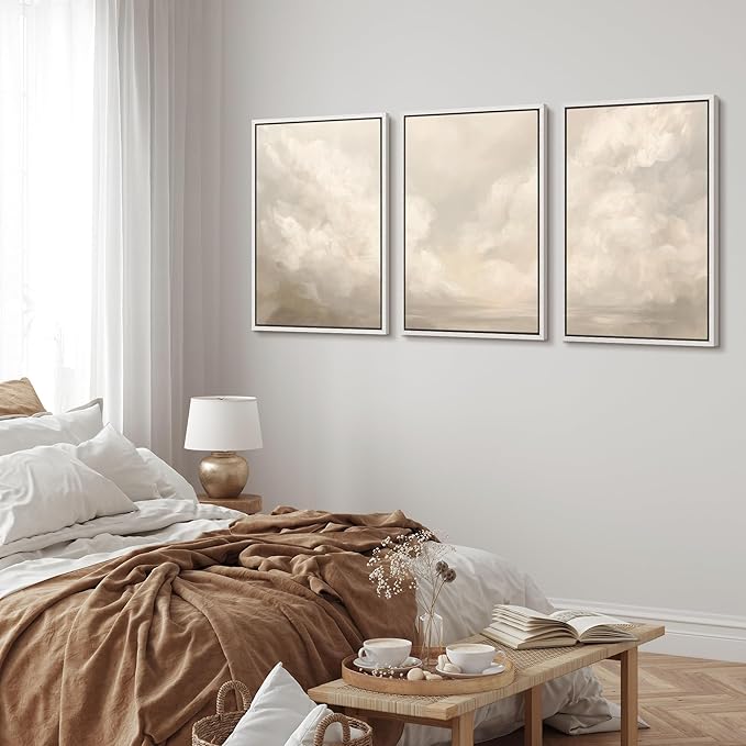 MUDECOR Framed Wall Art Print Set Neutral Cloudscape Soft Beige Abstract Sky Illustrations Modern Art Boho Decorative Colorful Chic for Living Room, Bedroom, Office - 16"x24"x3 White