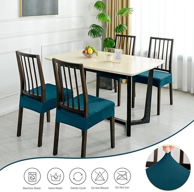 Dining Chair Seat Covers Set of 6, Stretch Velvet Chair Seat Slipcovers Protector, Removable Washable Kitchen Chair Covers for Dining Room Chairs (Set of 6, Teal)