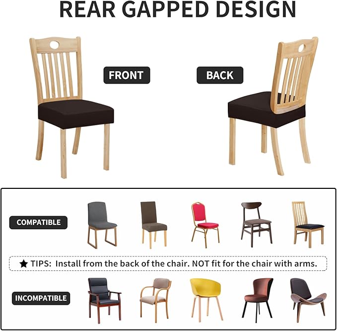 Easy-Going 100% Waterproof Seat Covers for Dining Room Chairs Set of 6, Stretch Chair Seat Slipcovers Protector Removable and Washable Kitchen Dining Chair Covers, Chocolate