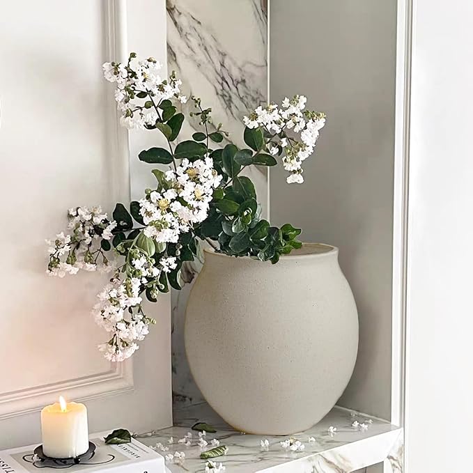 Large White Ceramic Vase, Wide-mouthed Round Planter with Drainage Hole, 9.7 Inch Tall, Minimalist Home Decor for Indoor Plants, Flowers, Table, Shelf,Floor, Living Room, Wedding (Sandstone White)