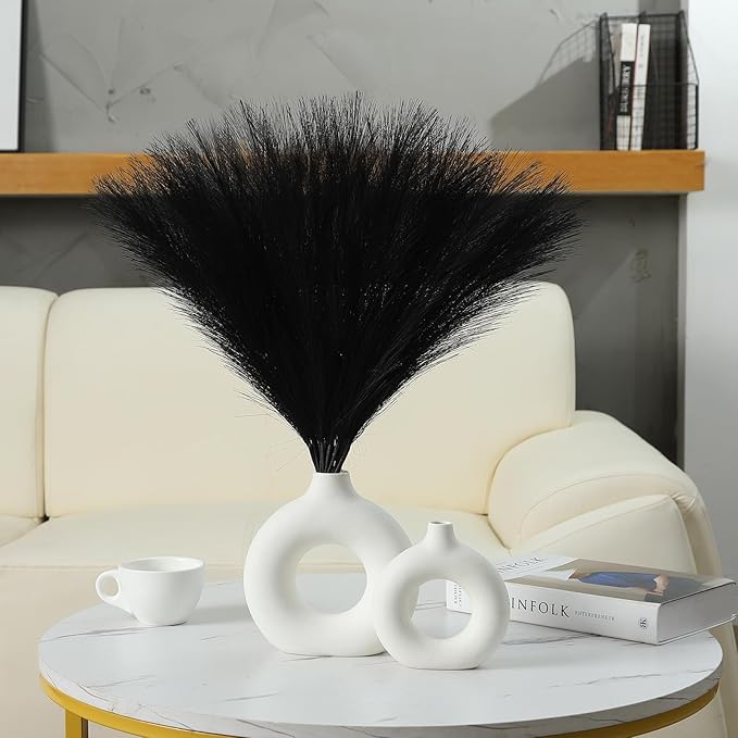 Faux Pampas Grass Decor 17.7 Inch 30pcs, Artificial Pampas Grass Fluffy Home Decor, Short Vase Room Decor pompous Grass Flower Arrangement for Boho Home Wedding Decoration (Black)