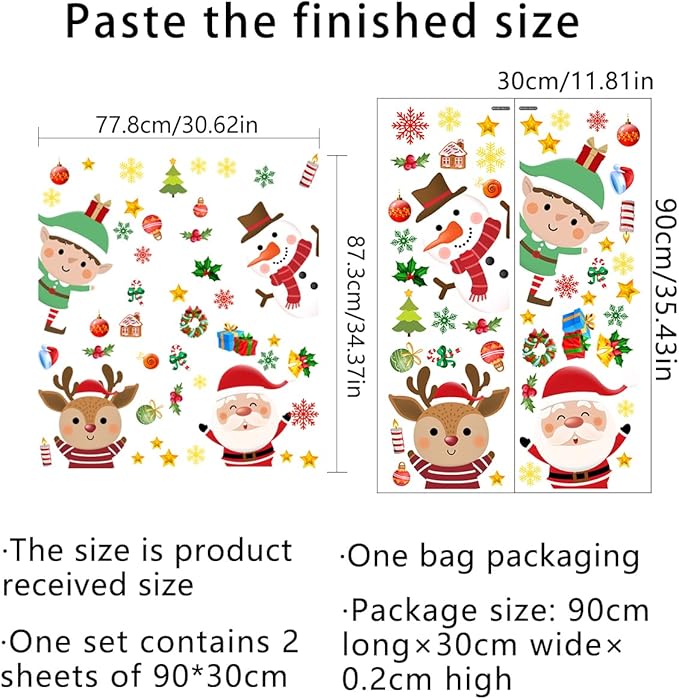 34.37 x 30.62 Inch Large Christmas Door Stickers Decor Removable Elk Santa Claus Reindeer Snowman Cute Penguin Bear Snowflake Decal for Window Door Refrigerator Home Bedroom Festival Party Decorations