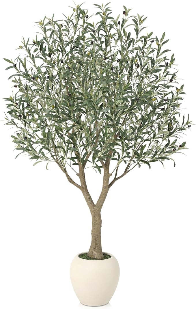 Olive Trees Artificial Indoor,6Ft Large Faux Plants,Tall Fake Tree with 12in White Round Planter,Full & Lush Faux Olive Tree for Home Decor Living Room, Office or Bedroom,Housewarming
