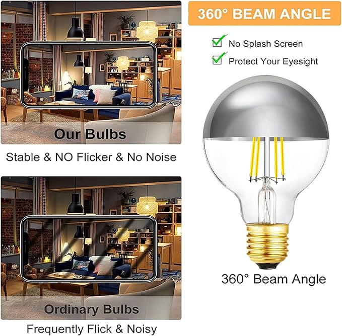 XININSUN Dimmable Half Chrome Light Bulb,6W (60W Eqv.), Anti Glare LED Light Bulbs,G25 Globe Light Bulbs,E26 G80 Silver Dipped Bulb for Bathroom, Vanity, Mirror,4000K Daylight,4Pcs