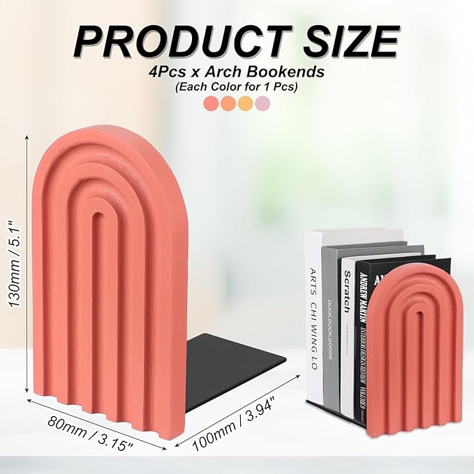 PATIKIL 4Pcs Boho Arch Bookends, Non-Skid Wood Book Ends Rainbow Wooden for Shelves Book Stopper Stand Cute for Holding Books Movie Home Office Library Decorative, Red/Yellow/Orange/Pink