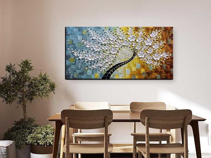 YaSheng Art-Handmade White Flower Contemporary Art Oil Painting On Canvas 3D Texture Abstract Tree Paintings Modern Home Bedroom, Dining Room, Wall Art Decor Ready to Hang20x40inch