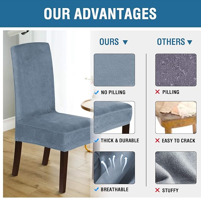 H.VERSAILTEX Velvet Dining Chair Covers Stretch Chair Covers for Dining Room Set of 6 Parson Chair Slipcovers Chair Protectors Covers Dining, Soft Thick Solid Velvet Fabric Washable, Stone Blue