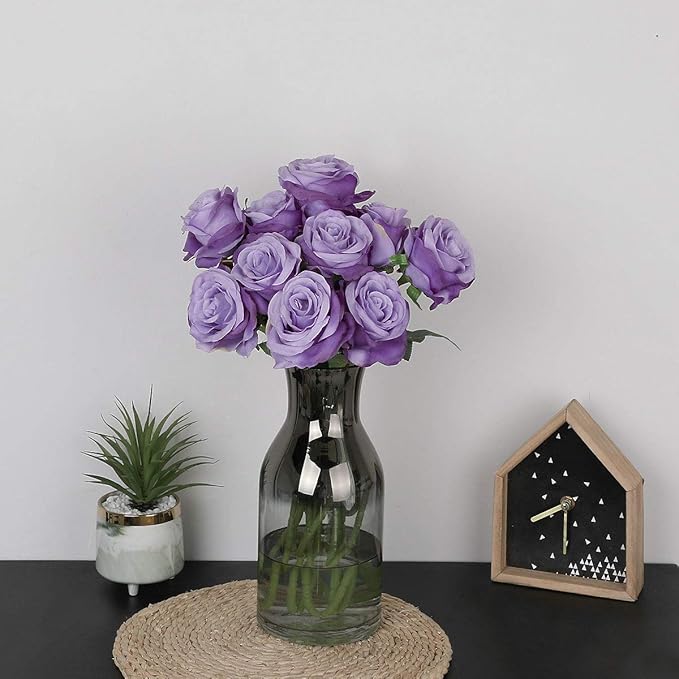 Nubry Artificial Silk Rose Flower Bouquet Lifelike Fake Rose for Wedding Home Party Decoration Event Gift 10pcs (Light Purple)