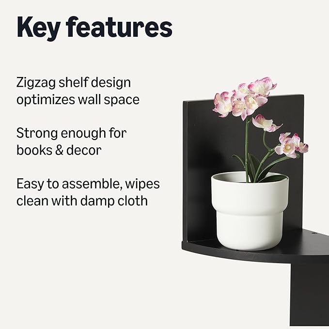 Amazon Basics 5-Tier Corner Shelf, Wall-Mounted, Set of 1, Floating Corner Bookshelf for Living Room, Bedroom, Bathroom, Home Office, 7.8"D x 48.5"W x 7.8"H (Inches), Black
