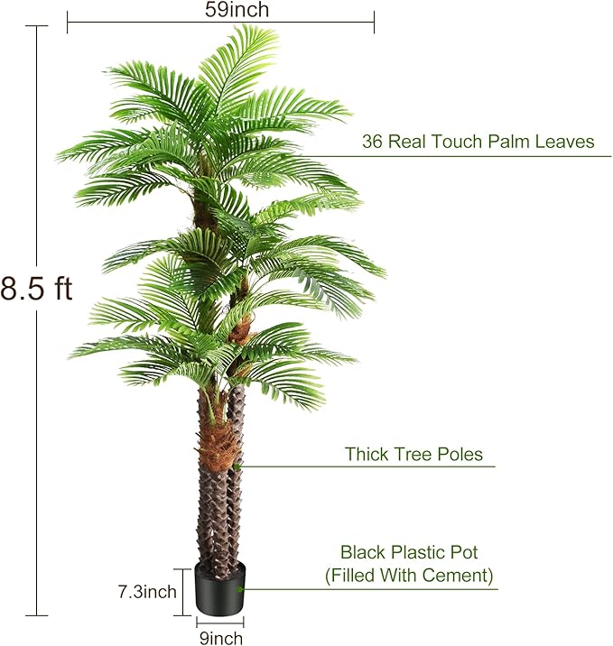 8.5ft Tall Artificial Palm Tree for Outdoors - Triple Phoenix Palm, UV Resistant, Large Fake Silk Palm Tree - Perfect for Patio, Poolside, Home Indoor Aesthetic Decor