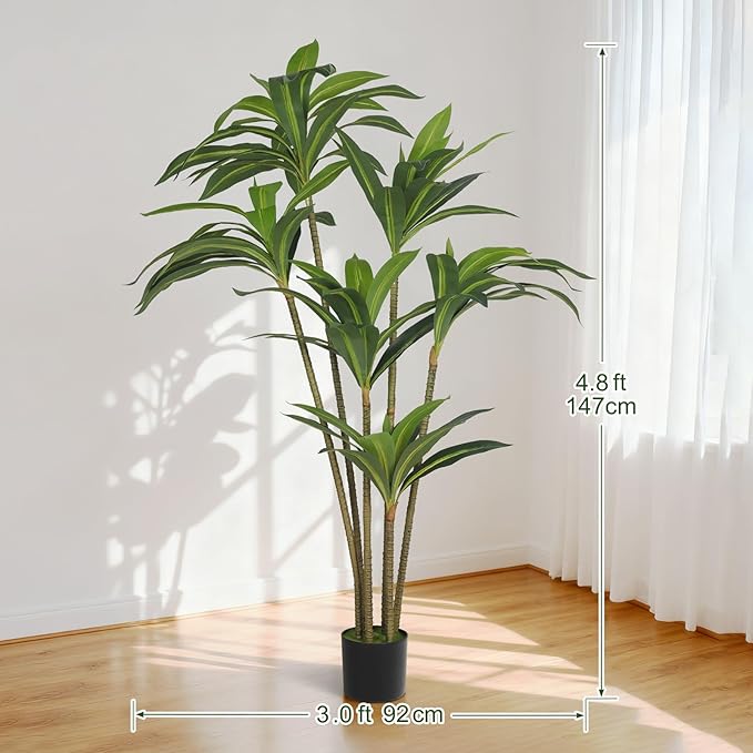 5FT Artificial Tree Dracaena Plant in Decorative Pot-Realistic Fake Plant for Indoor Outdoor Use,Home Office Living Room Decor,Real Touch Leaves,Housewarming Gift,Black Planter