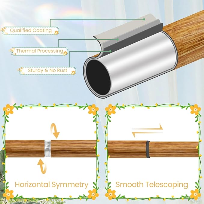 Imitation Wood Grain Curtain Rod for Windows 66 to 120 Inches: 1 Inch Heavy-Duty Adjustable Decorative Curtain Rod With Rustic Leaf Finials for Bedroom & Living Room