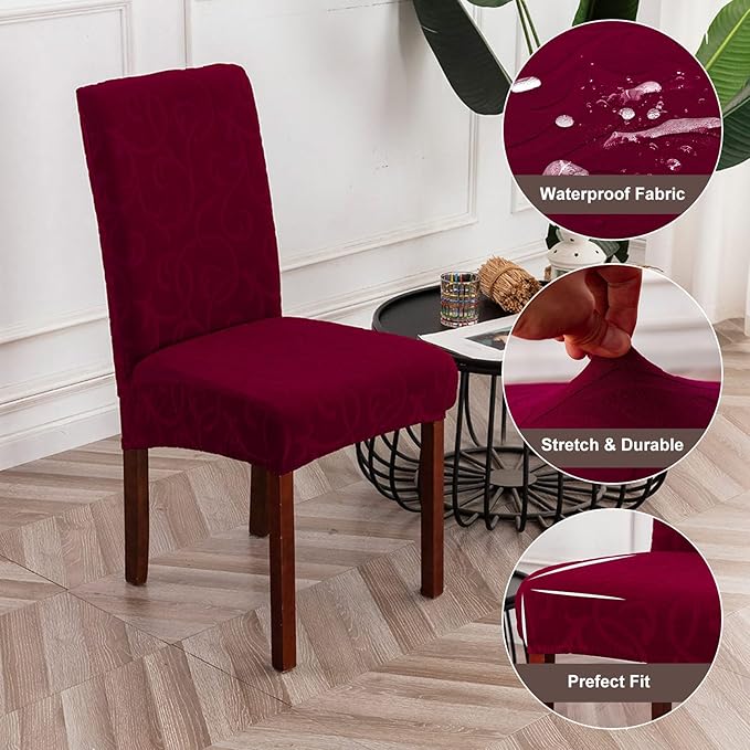Genina Waterproof Dining Room Chair Covers Stretch Parsons Chair Slipcovers for Dining Room Kitchen Chair Protector Cover, Removable, Washable (4 Large, Flower Pattern-Wine Red)
