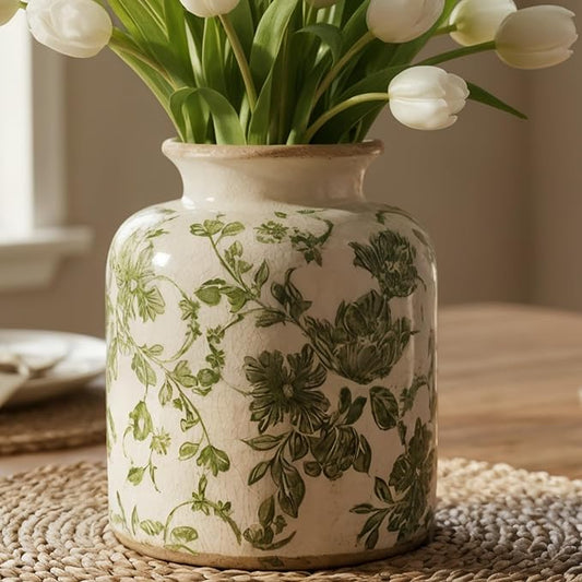 Vintage Green Crackle Glaze Ceramic Flower Vase, 6” Small Rustic Pottery-Style Decorative Vase with Distressed Beige Rim, Farmhouse Cottage Tabletop & Mantel Home Decor