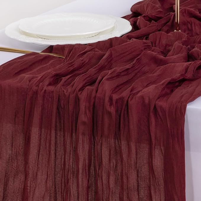 Socomi 10pcs Burgundy Red Valentine's Day Cheesecloth Table Runner Boho Rustic Gauze 120 inch 10FT Cheese Cloth Runner for Wedding Party Baby Shower Birthday Home Decor Holiday Decorations