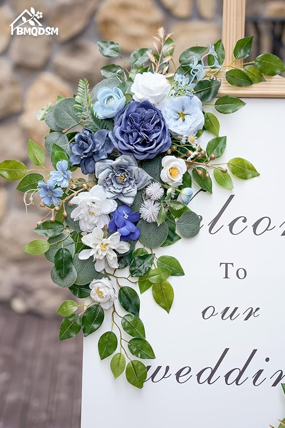 Wedding Welcome Signs Floral(Pack of 2)，Wedding Arch Flowers for Wedding Decorations and Reception Backdrop Decoration (Blue)