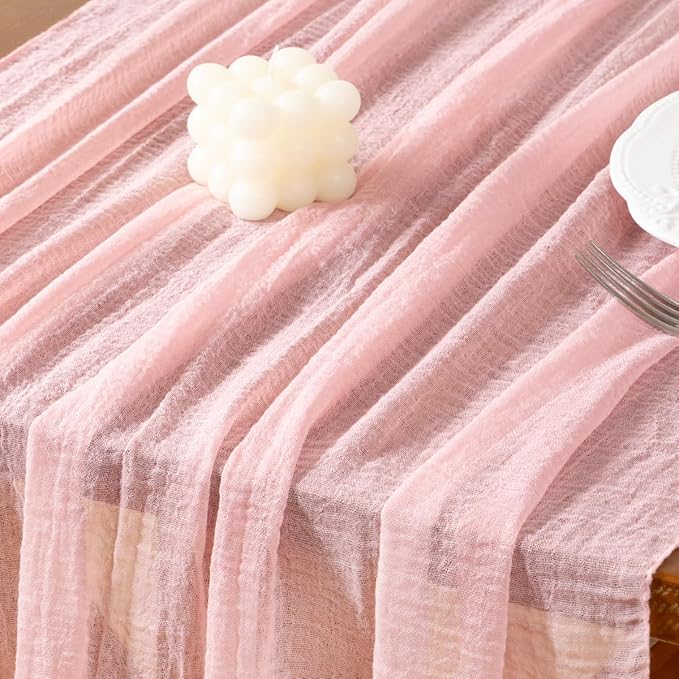 Socomi 3pcs Pink Gauze Valentine's Day Cheesecloth Table Runner Blush 120 Inch Rustic Boho Cheese Cloth Runner for Wedding Party Baby Bridal Shower Centerpiece Decoration Holiday Home Decorations