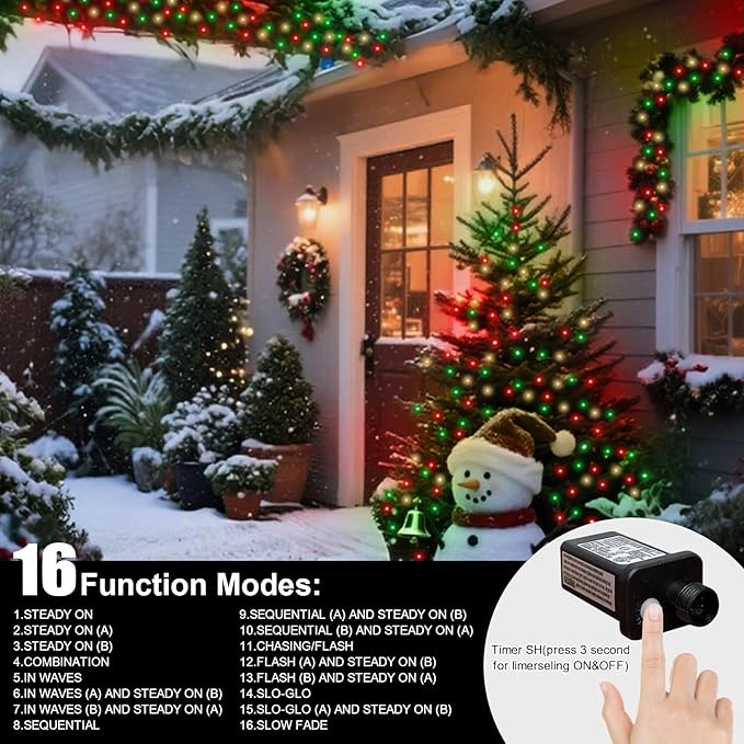 LAMPHOME 33ft Christmas Decorative Mini Lights, 100 LED Green Wire Fairy Starry String Lights Plug in, 16 Lighting Modes for Indoor Outdoor Xmas Tree Wedding Party Decoration (Red/Green/Warm)