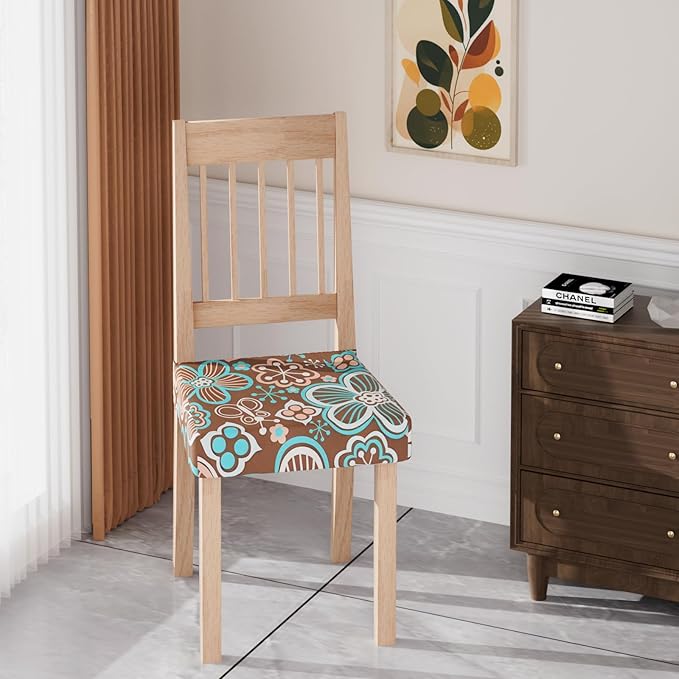 Stretch Dining Chair Seat Covers Set of 6,Dining Chair Slipcovers, Floral Printed Chair Covers,Soft Fabric Washable Upholstered Chair Seat Protector, No Rear Covers for Home Kitchen Dining Room