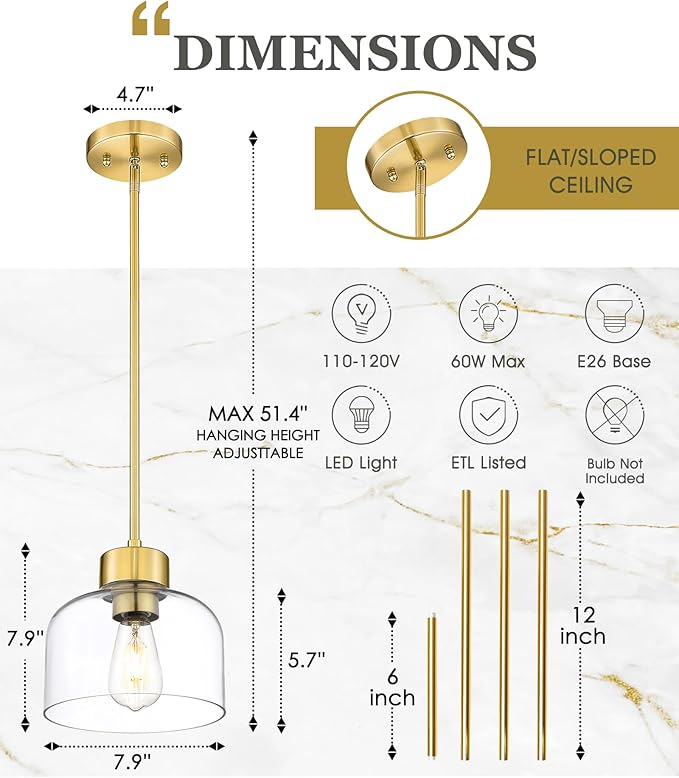 Gold Pendant Lights Kitchen Island, 8" Hanging Light Fixtures with Clear Glass Shade, Modern Brass Kitchen Pendant Lighting Over Island for Dining Room, AD-24024-1PL-GD