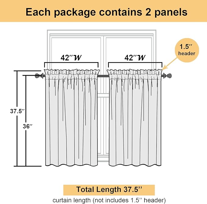 Lecloud Royal Blue Sheer Curtains 36 Inch Length 2 Panels, Solid Voile Cafe Kitchen Curtains, Dual Rod Pocket Airy Gauzy Curtain Tiers for Bedroom, Each Panel 42 X 36 Inch