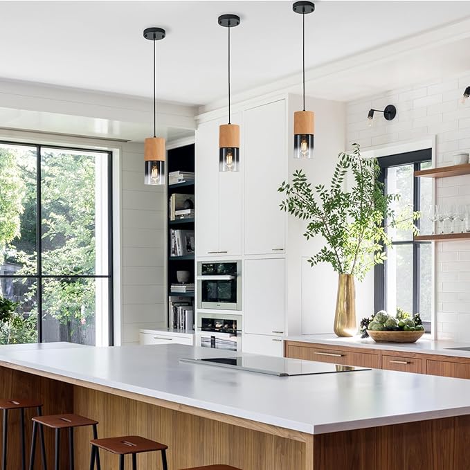 Modern Pendant Lights for Kitchen Island, Adjustable Black Pendant Light Fixtures with Raw Wood Grain, Industrial Glass Pendant Lights for Dining Table Hallway Bedroom Living Room,1 Pack