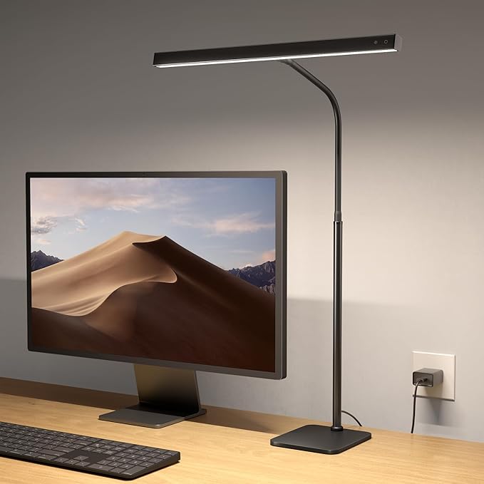 SUPERDANNY LED Desk Lamp for Home Office, Eye-Caring Desk Light with Base, 12W Touch Control 3 Colors Dimmable Brightness, Gooseneck Architect Lamp for Computer Monitor Reading Workbench, Black