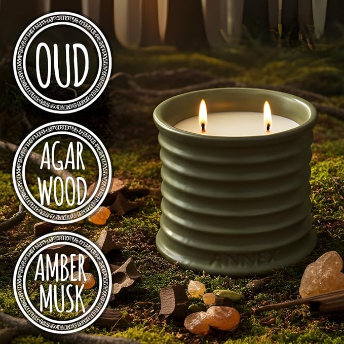 Scented Luxury Candles in Handmade Ceramic Jars, Soy Wax | Woody Wood – Oud & Agarwood, Large Candle | Non Toxic, 2 Wicks, Reusable Big Olive Green Jar | Natural Spring Aromatherapy for Women & Men