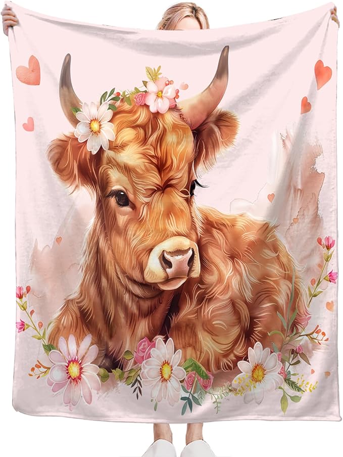 Tijuboni Pink Cow Throw Blanket Highland Cow Gifts for Girls Women Boys Men Kids Adults Soft Flannel Fleece Blanket for Couch Sofa Bed Home Decor 40"x50"