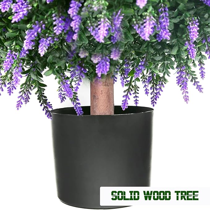 Real Touch 24" Artificial Lavender Trees (2-Pack) – Lifelike UV-Resistant Artificial Plant Featuring a Natural Wood Trunk – Perfect for Front Porch, Patio & Home Decor